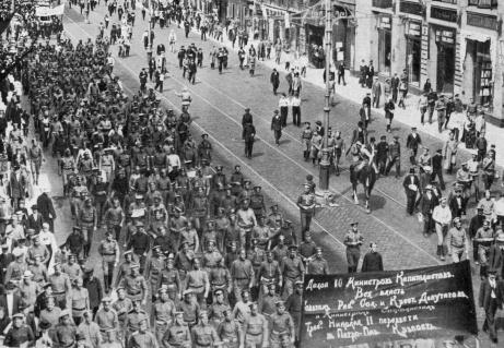 Street demonstration, Petrograd, 18 June 1917. The banner in the foreground reads Down With The 10 Capitalist Ministers, All Power To The Soviets Of Workers', Soldiers', And Peasants' Deputies, And To The Socialist Ministers, We Demand That Nicholas II Be Transfered To The Peter-Paul Fortress.
